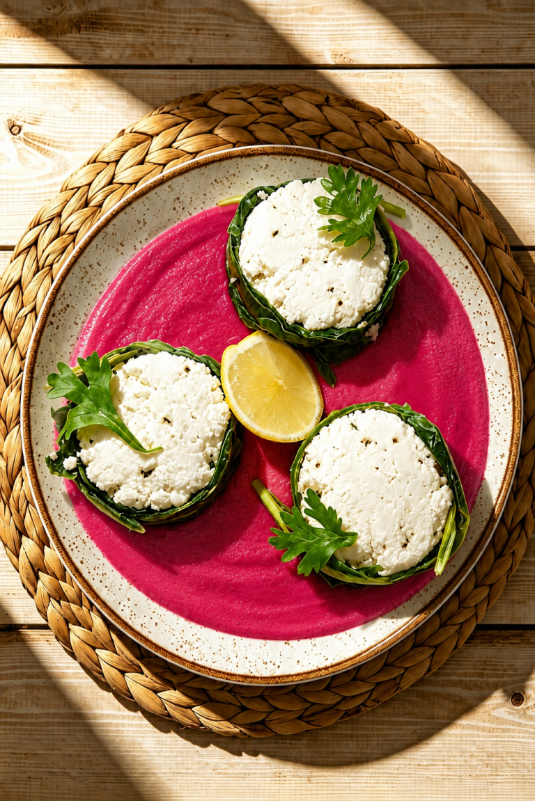 Spinach-Wrapped Paneer on Beetroot Makhni