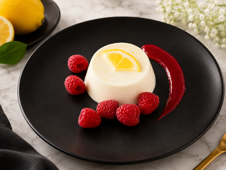 Lemon Protein Panna Cotta Served With Raspberry