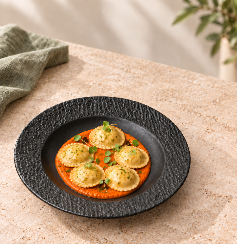 Charred Paneer Ravioli with Roasted Pepper Sauce