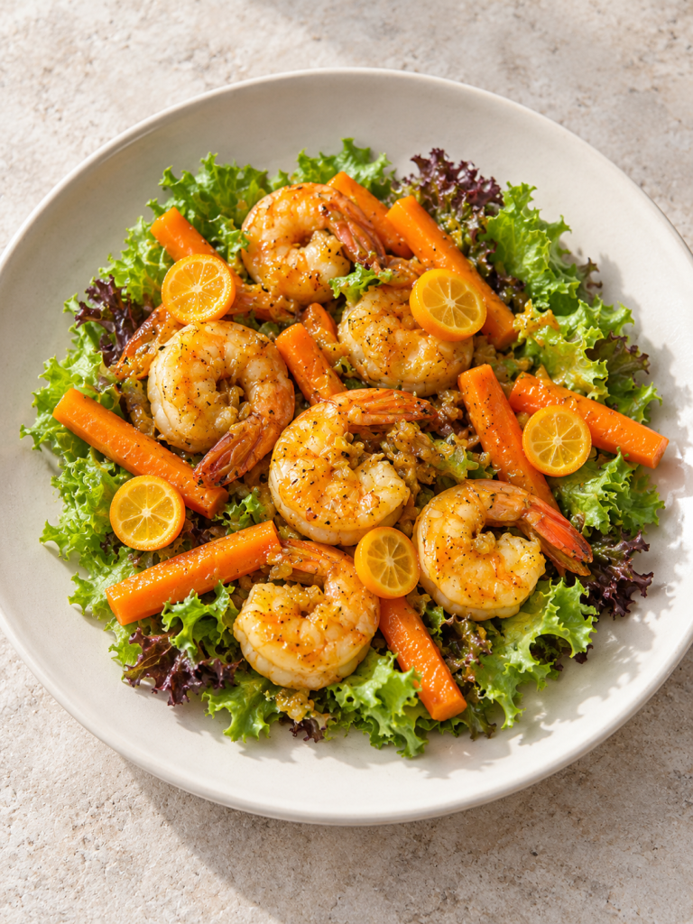 Orange-Carrot Garlic Butter Prawns with Kumquat & Lollo Salad